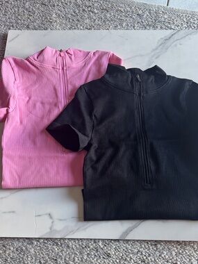 OQQ Ribbed Half-Zip Short Sleeve Top - Pink & Black